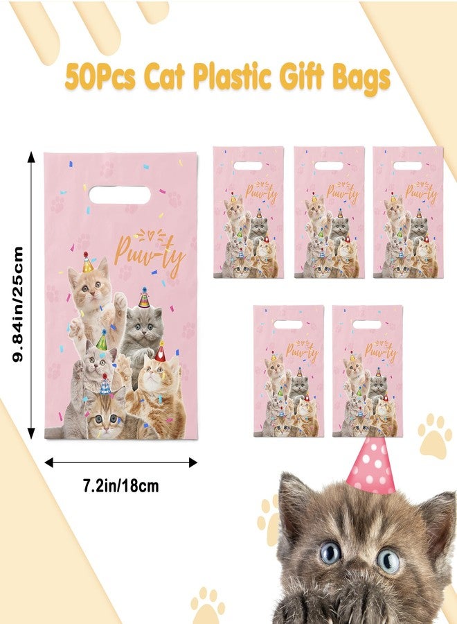 SKEPHWSKA 50Pcs Cat Party Favor Bags Cute Cat Themed Birthday Party Supplies Pink Waterproof Goodies Bags with Handles Thickened Pet Paws Plastic Candy Gift Bags for Kids Birthday Party Decoration and Classroom - Image 3
